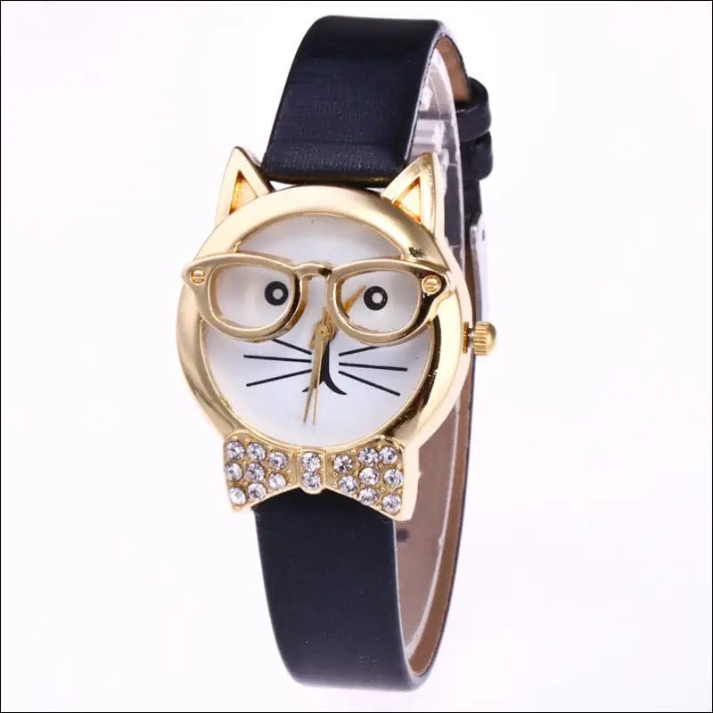 Animal cat face diamond collar eye glasses quartz watch