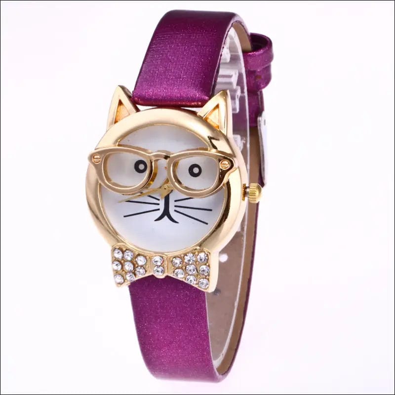 Animal cat face diamond collar eye glasses quartz watch