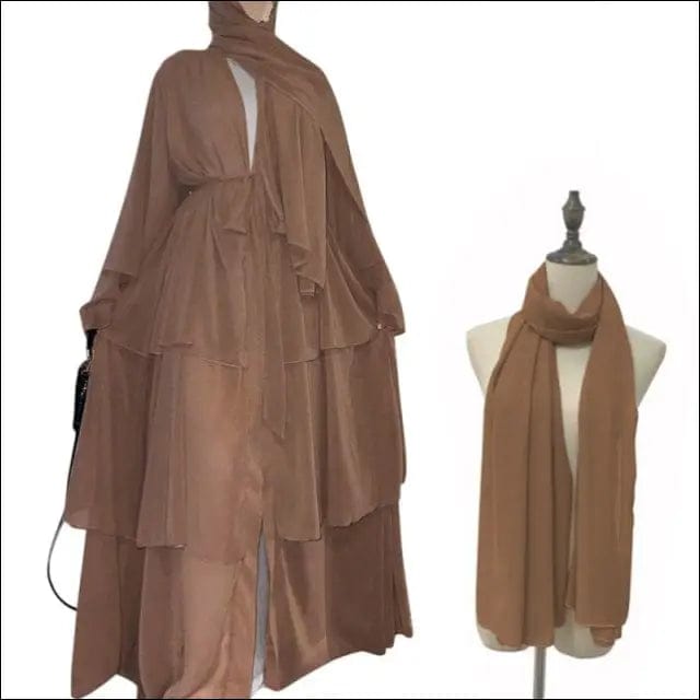 Chiffon Open Abaya Dubai Kaftan Women Dresses - Brown