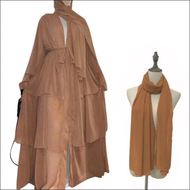 Chiffon Open Abaya Dubai Kaftan Women Dresses - Khaki