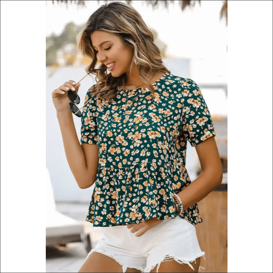 Floral Round Neck Short Sleeve Babydoll Top -