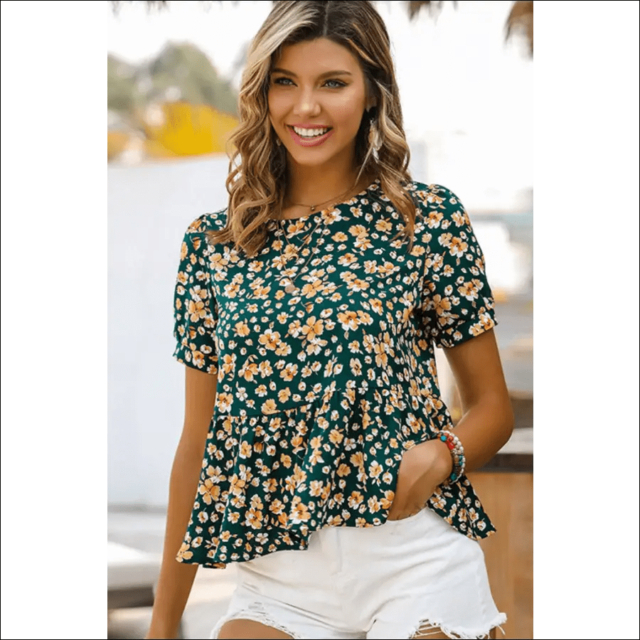 Floral Round Neck Short Sleeve Babydoll Top - Green / XS -