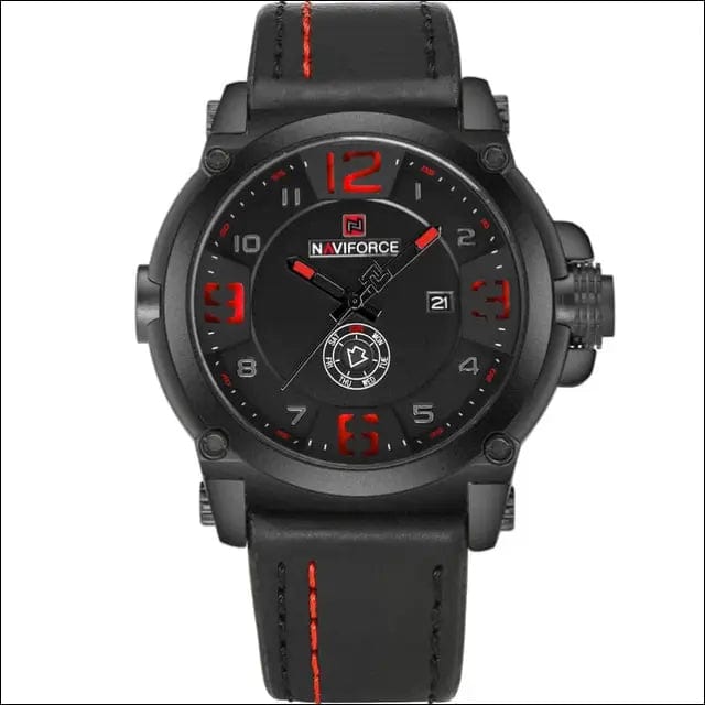 Genuine NAVIFORCE Leather Quartz Watch - black red -