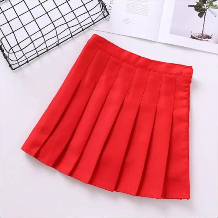 Iconic Solid Preppy Pleated Mini Skirt - Red / S -