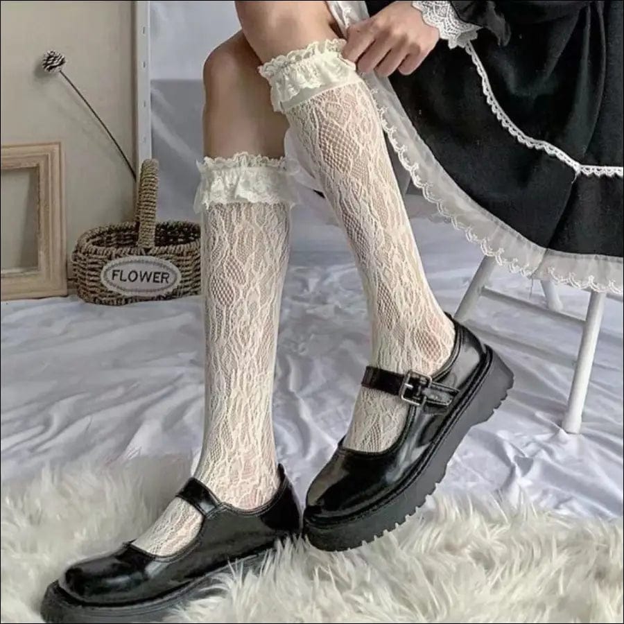 Japanese teenage milk white lace stockings Lieta calf socks