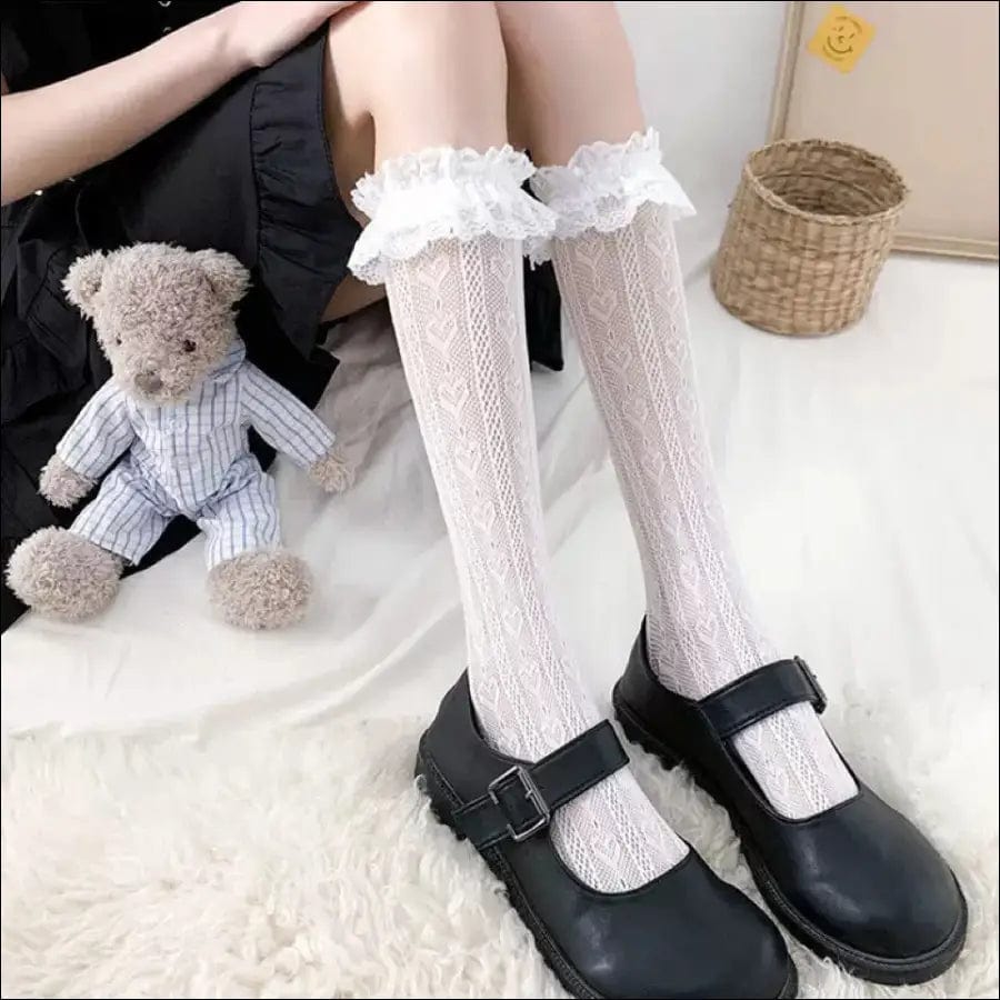 Japanese teenage milk white lace stockings Lieta calf socks