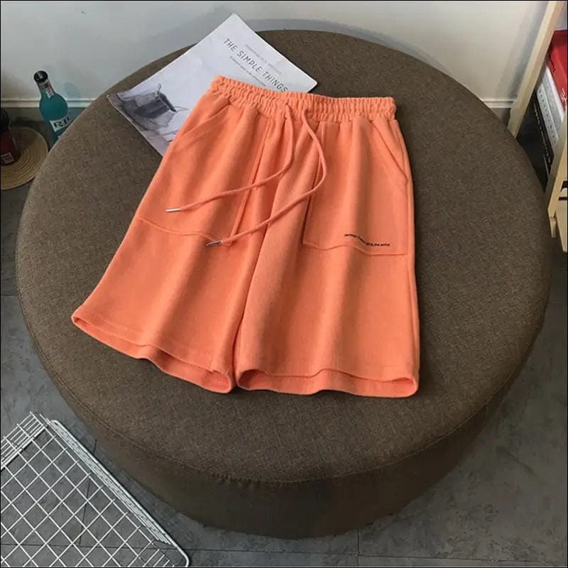 Letter Graphic Wide Leg Drawstring Shorts - Orange / M 50kg