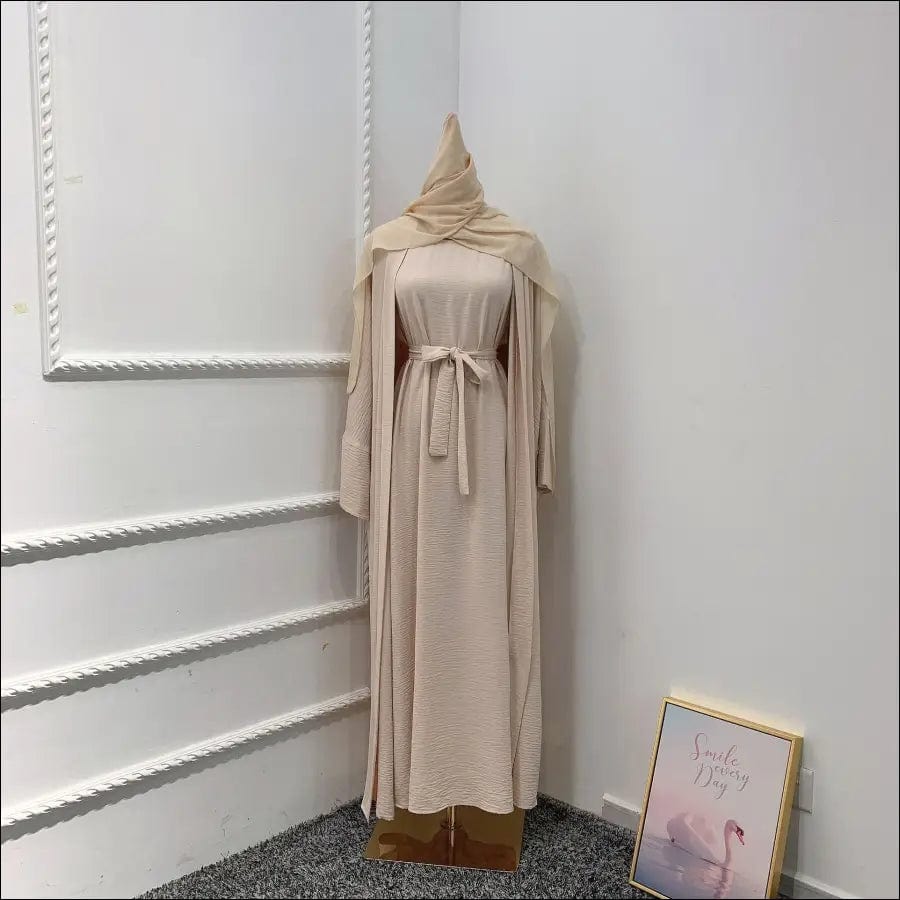 Muslim Kaftan open abaya - beige with hijab / S -