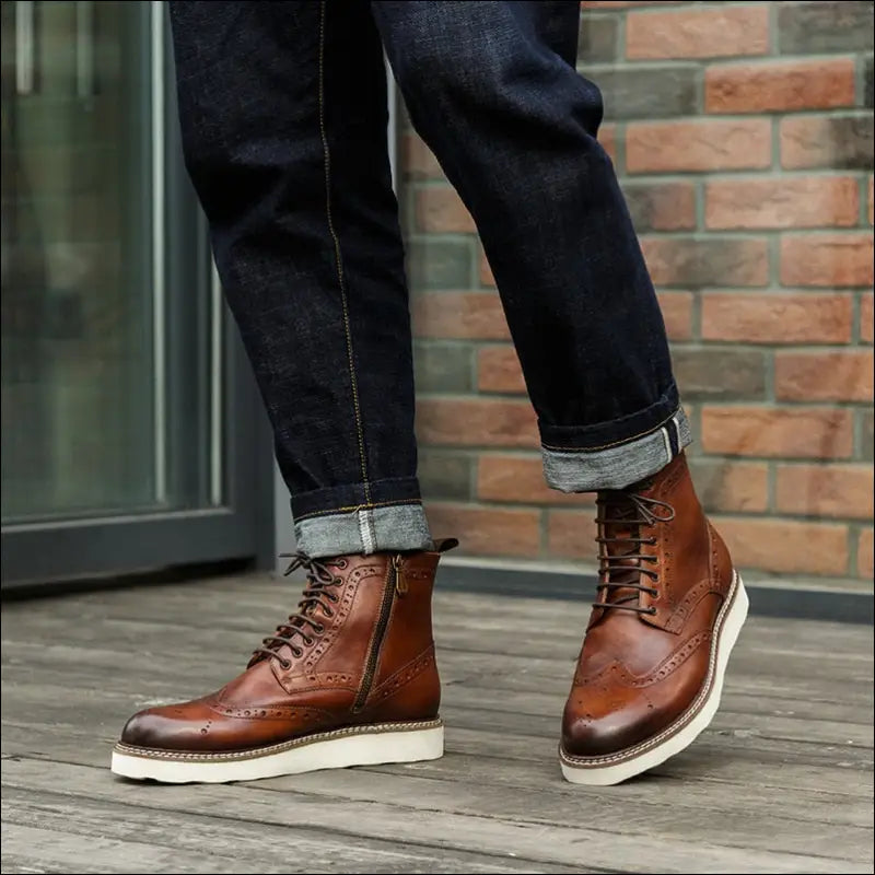 Platform Men Brogues Shoes Luxury Genuine Leather Man Ankle