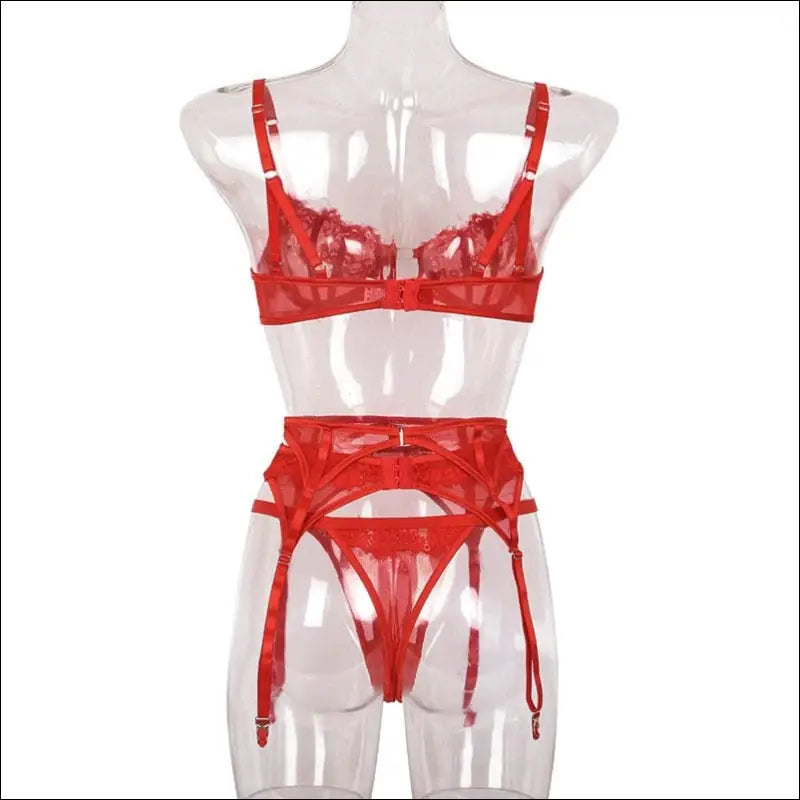 Red Lace Underwire Bra Garter Panty Lingerie Set -