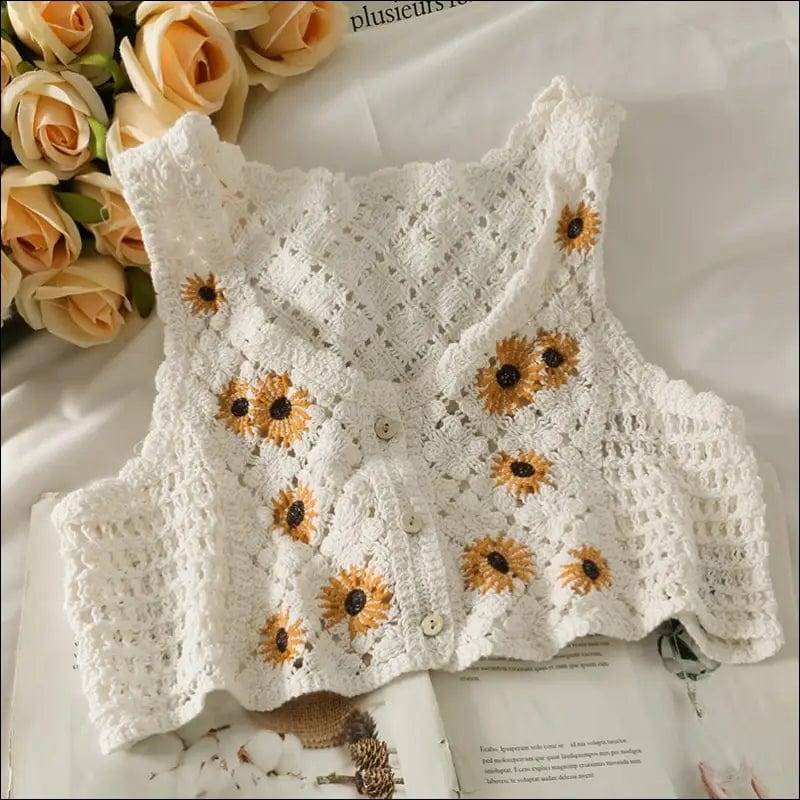 Spring Sunflower Knitted Tank Top - white / One Size -