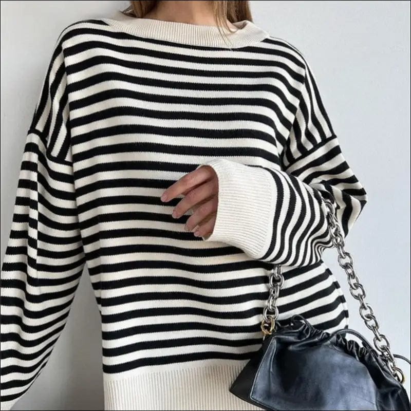 Women’s O Neck Striped Sweater Pullovers Drop Shoulder