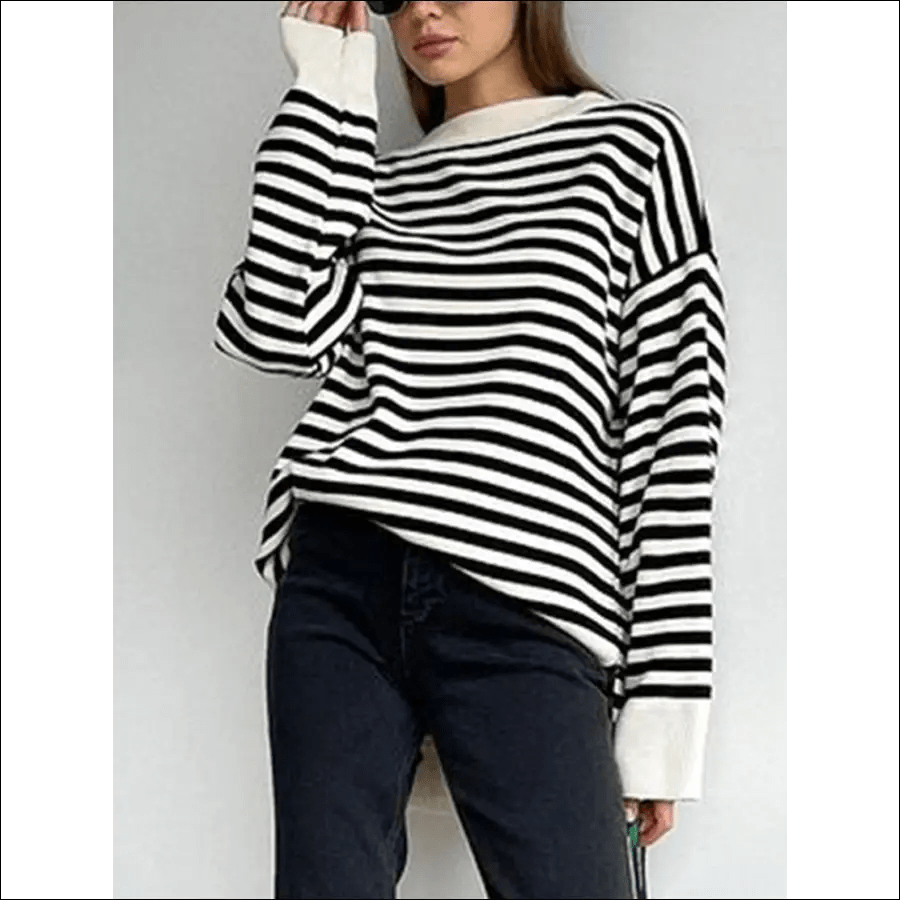 Women’s O Neck Striped Sweater Pullovers Drop Shoulder