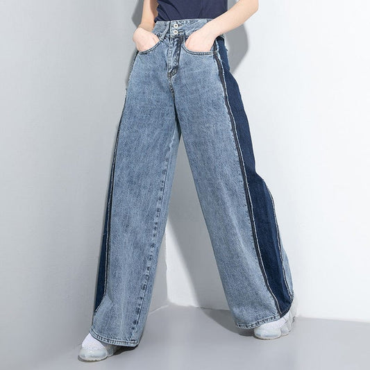 Hip-Hop tide card 2020 summer new water-washing splicing jeans European station personality wide legs trousers 88083