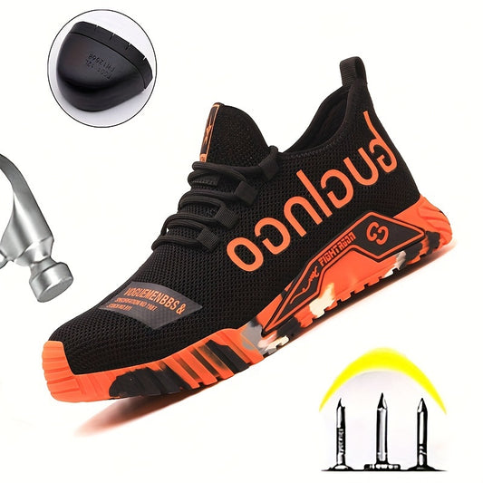 Men's Trendy Breathable Steel Toe Puncture Proof Anti-skid Work Safety Boots, Lace Up Durable Industrial Construction Shoes