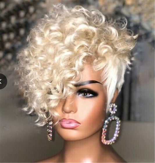 Short Platinum Blond Afro Curly Wave Pixie Cut Wig Synthetic Hair for Women Dress Party Full Wig