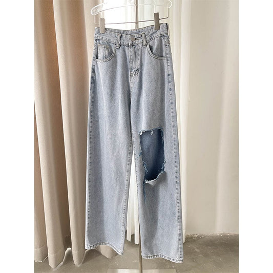 Handsome hole jeans 2021 autumn new high waist wide legs loose old di denim long pants tide