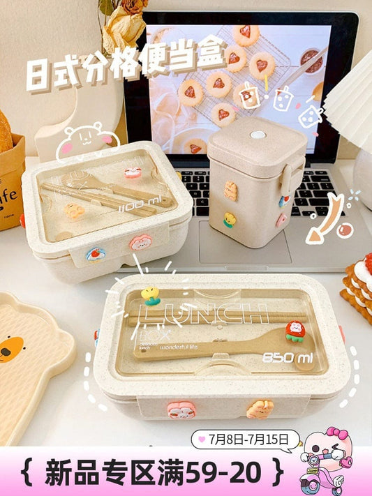 Japanese-style divided lunch box with tableware office worker with lunch box can be heated by microwave oven wheat straw bento box