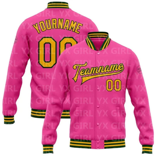 Custom Pink Gold-Green Bomber Full-Snap Varsity Letterman Jacket 3D Printed Baseball Button Jacket