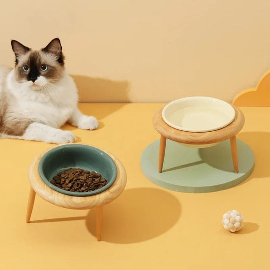 800ml Cat Food Water Bowl with Wood Stand Small Medium Dogs Elevated Drinking Eating Feeder Pet Ceramic Feeding Supplies