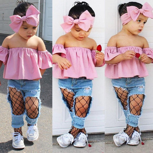 US Denim Toddler Baby Girl Lace Off Shoulder Crop Top Long Pants Outfits Clothes